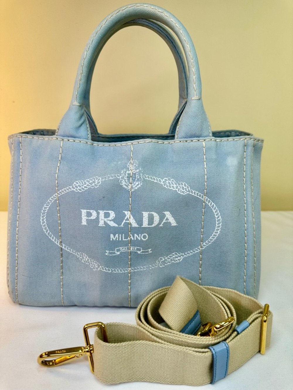Prada Canapa Logo Canvas satchel Light blue Original Adj. Strap COA - Picture 3 of 17